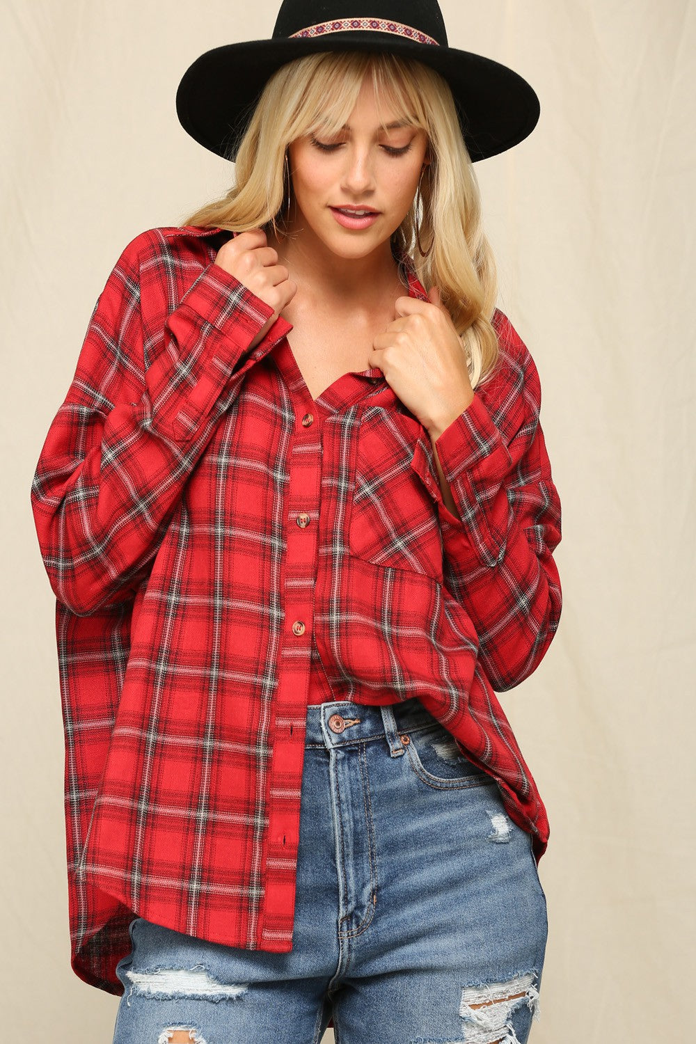 Red Plaid Checkered Button-Down Shirt